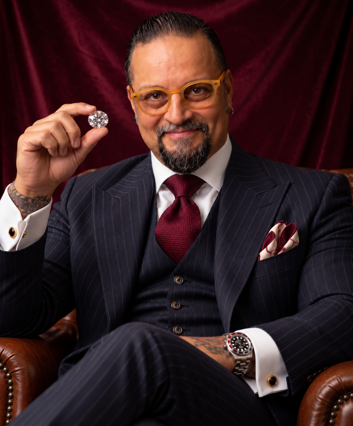 Pedro, who runs Glow Jewellers, in a waistcoat and burgundy tie against a deep burgundy velvet backdrop