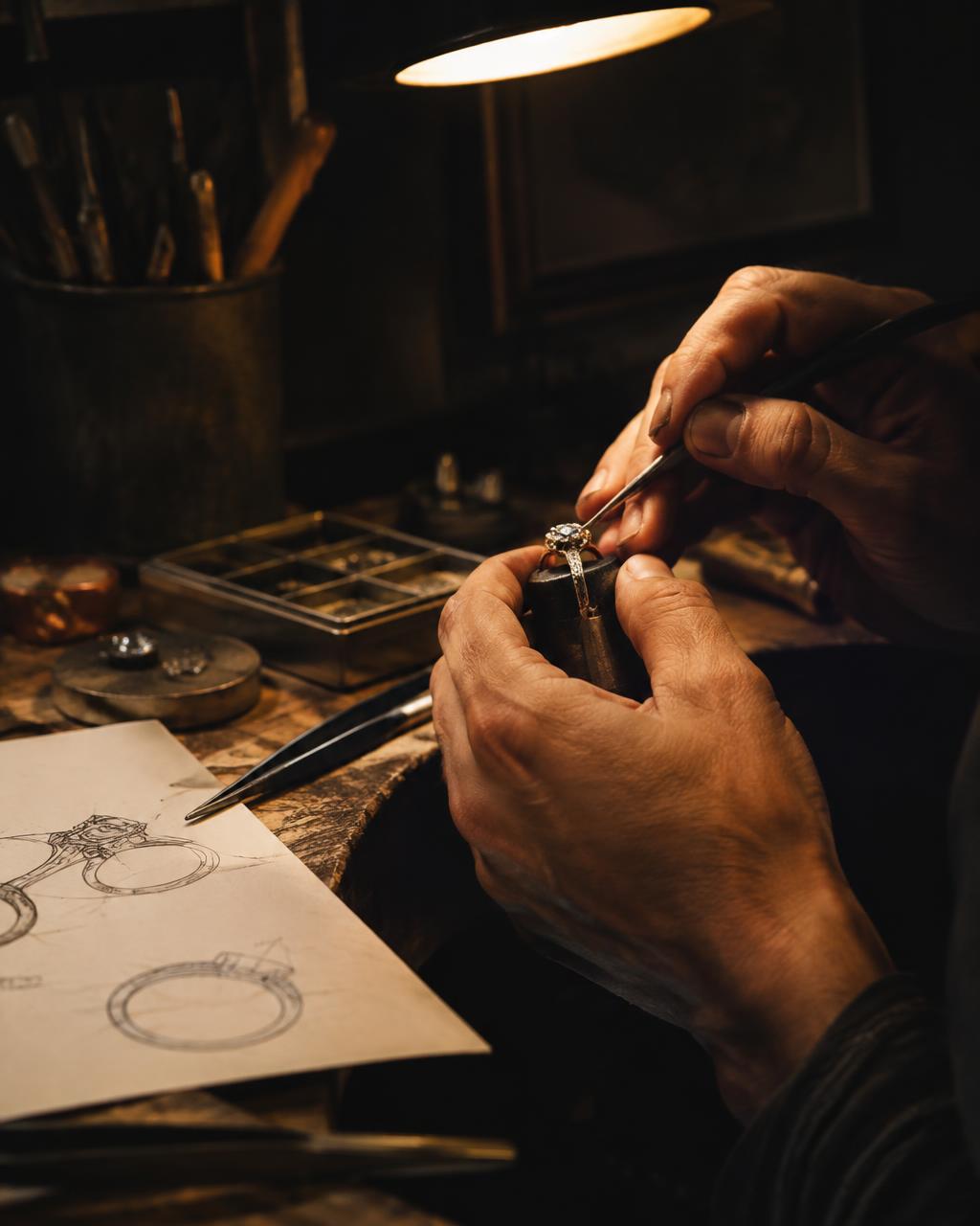 A jeweller crafting a bespoke ring at the workbench