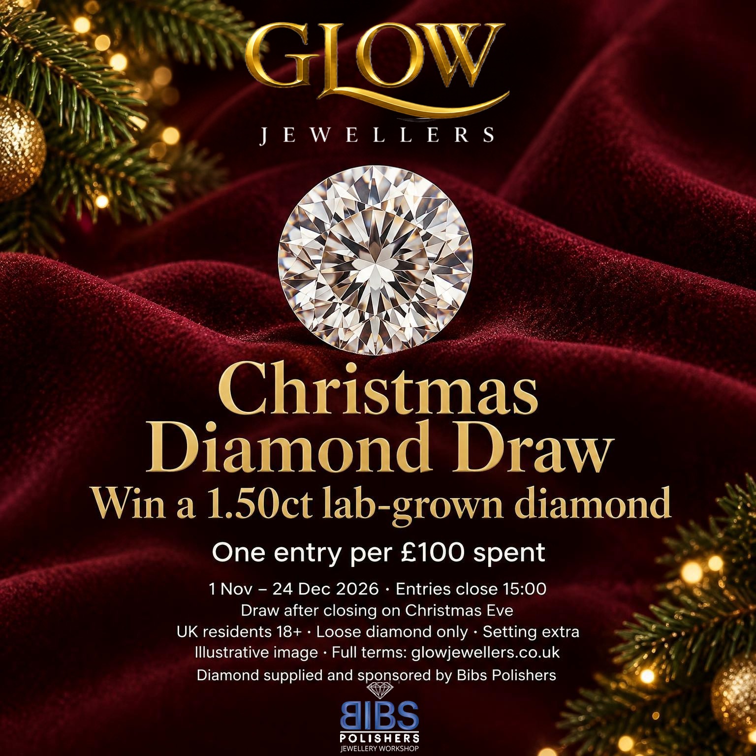 Glow Jewellers Christmas Diamond Draw: win a 1.50ct loose lab-grown diamond, illustrated on burgundy velvet; the diamond is supplied and sponsored by Bibs Polishers